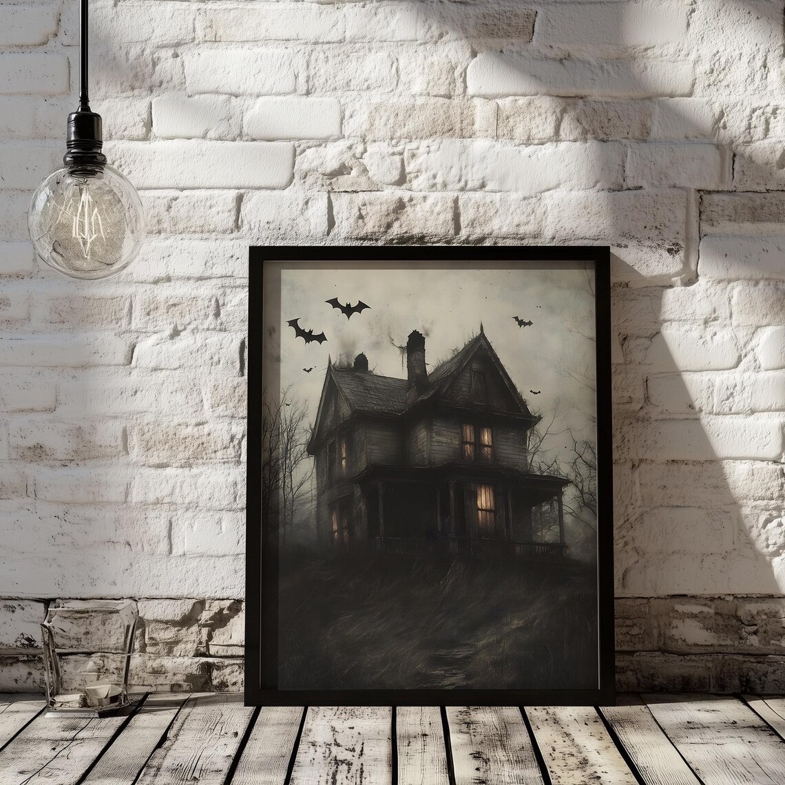 Moody Spooky Haunted House at Dusk with Bats Halloween Art Poster - Image 2