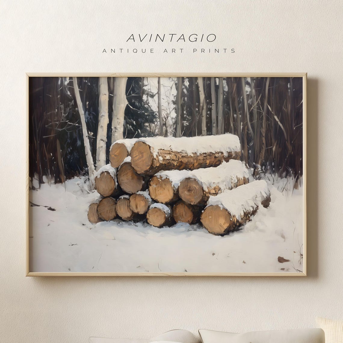 Rustic Snow Covered Firewood Logs in Winter Forest Art Poster