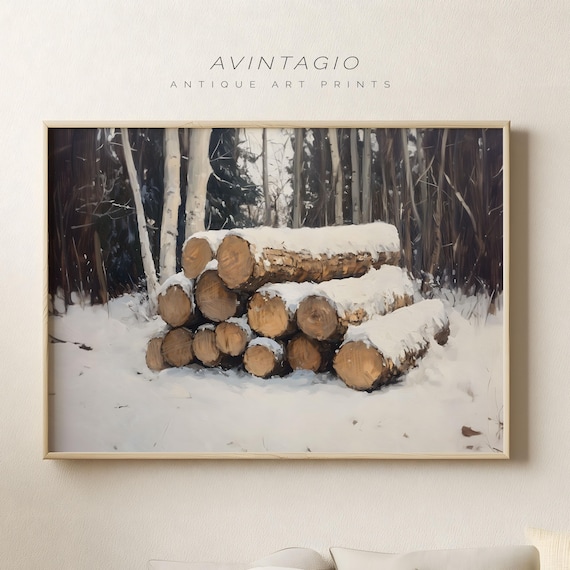 Moody Winter Scenery Print Snow Covered Lumbers Poster Vintage White Christmas Painting Rustic Snowy Landscape Cottage Decor
