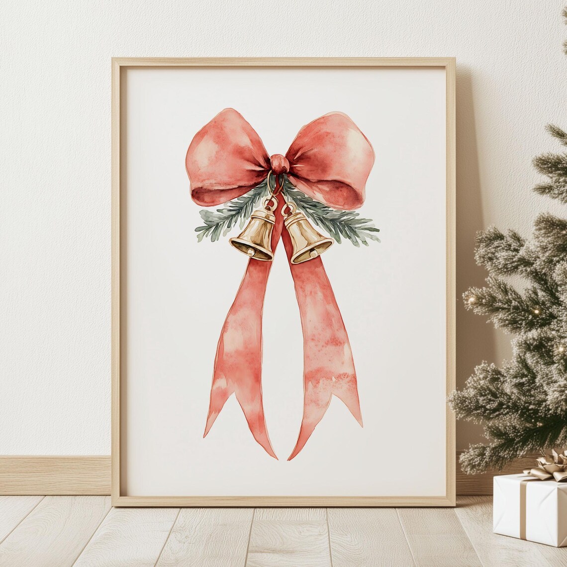 Watercolor Red Bow with Gold Christmas Bells Botanical Art Poster - Image 2