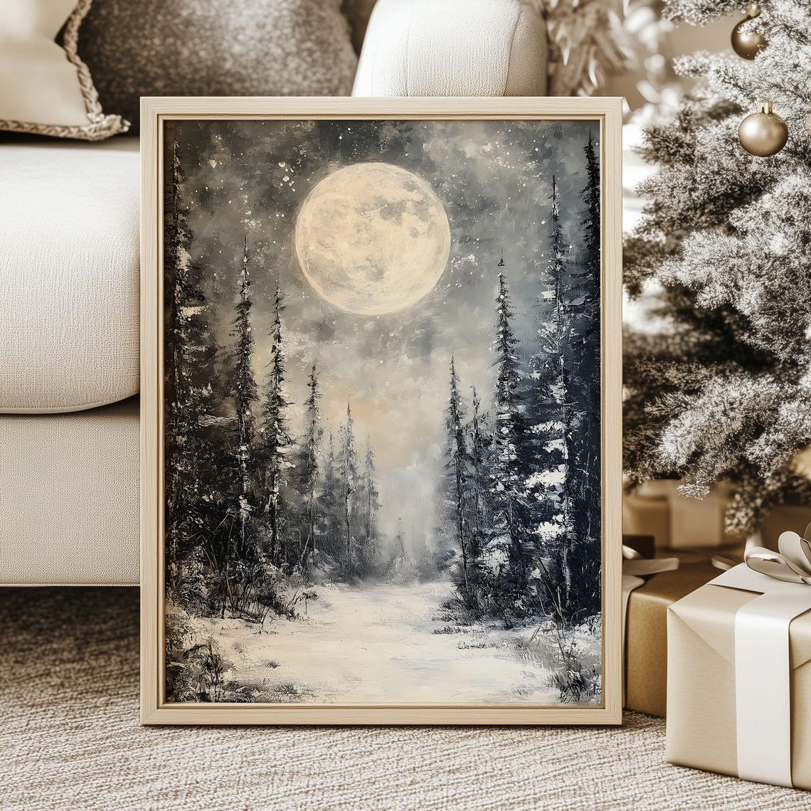 Full Moon Over Snowy Pine Forest Winter Night Oil Painting Poster