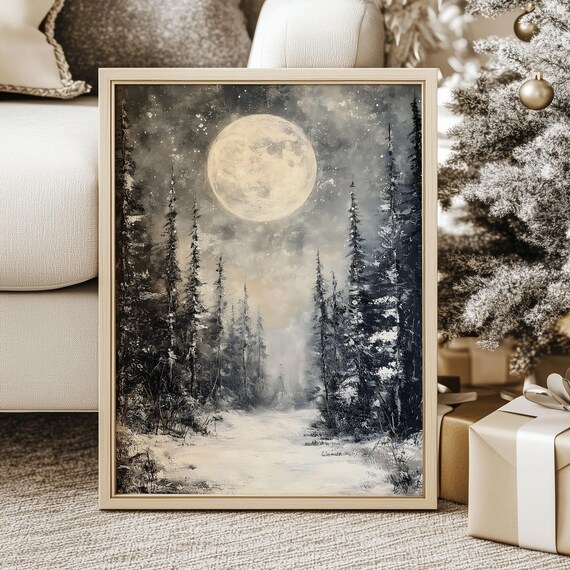 Snowy Winter Night Scene Print Christmas Holiday Season Gallery Art Home Decor Antique Moody Cottagecore Landscape Pine Forest Painting