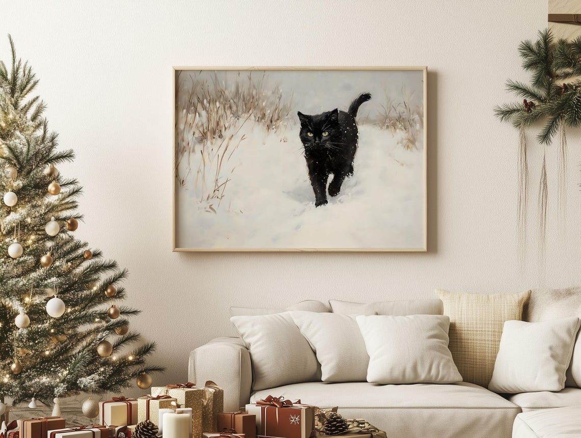 Vintage Muted Black Cat Walking in Snow Winter Wildlife Art Poster - Image 2