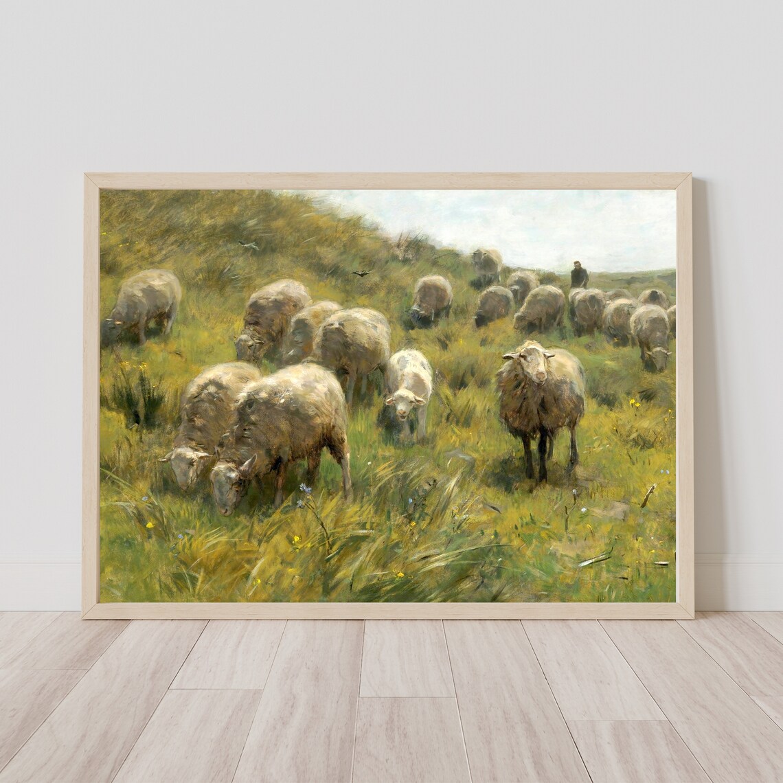 Vintage Sheep Painting Rustic Meadow Landscape Art Print - Image 3
