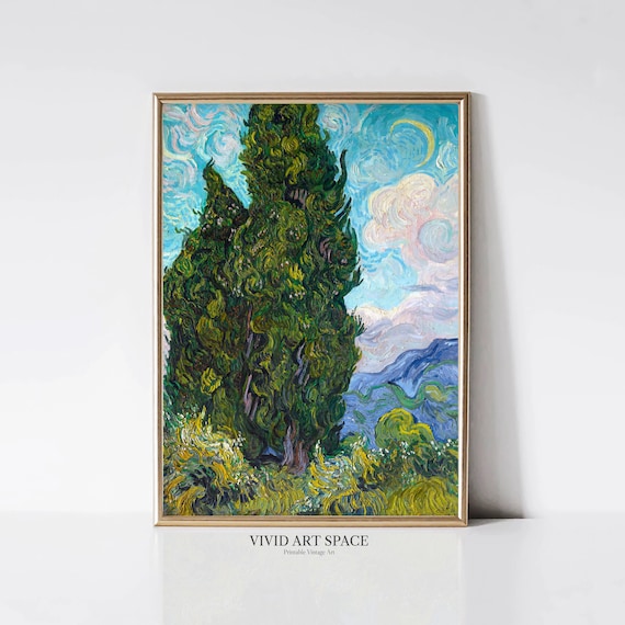 Van Gogh Cypresses Swirling Night Sky Moonlit Landscape Art Print