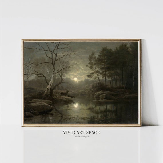 Forest Landscape By Moonlight, Dark Vintage Art Print