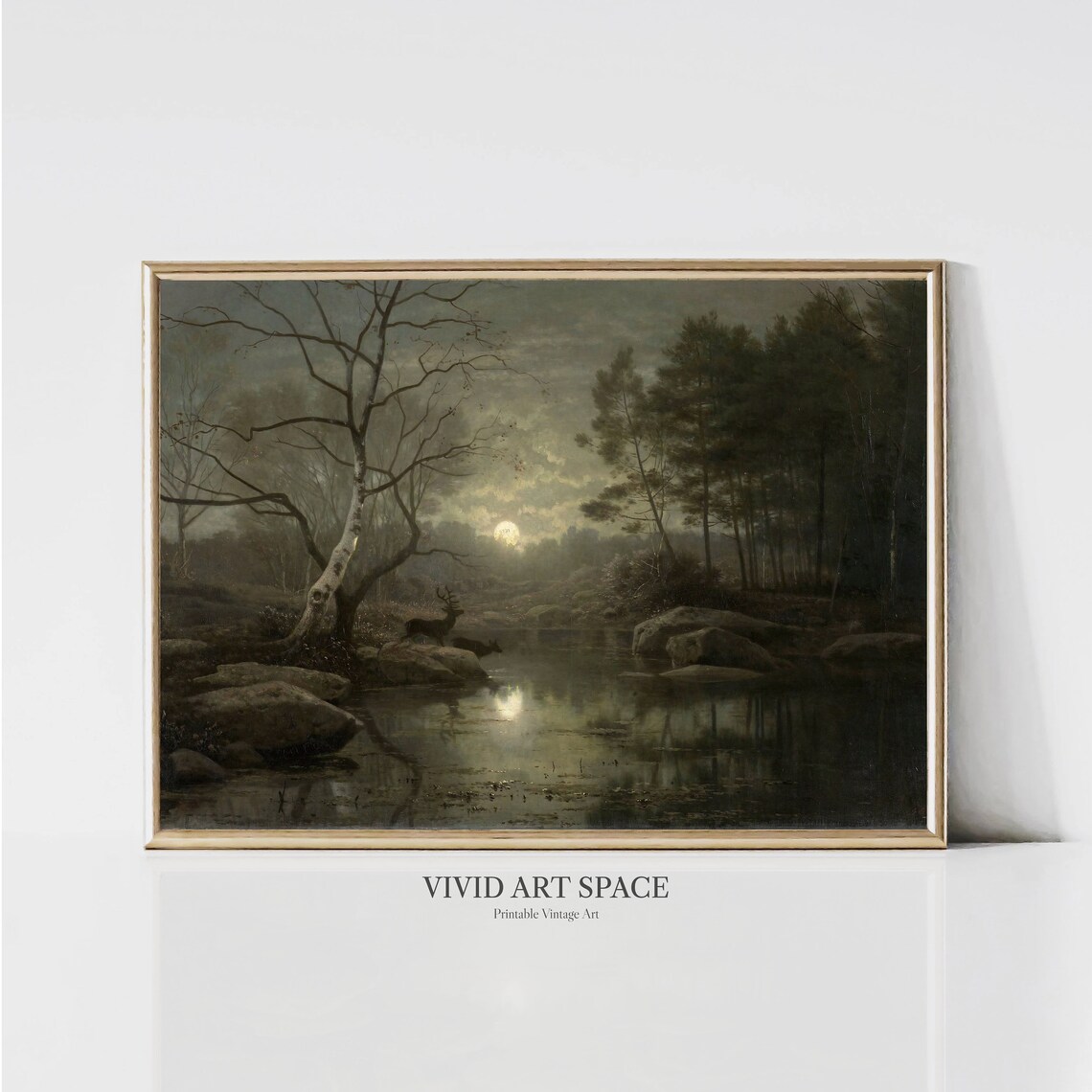 Forest Landscape By Moonlight, Dark Vintage Art Print