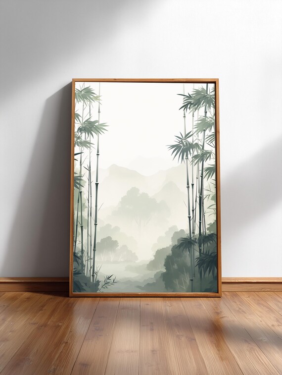Misty Bamboo Forest Watercolor Poster in Soft Japandi Style Calm Tones