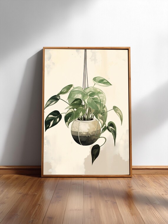 Hanging Pothos Plant Watercolor Indoor Jungle Beige Wall Art