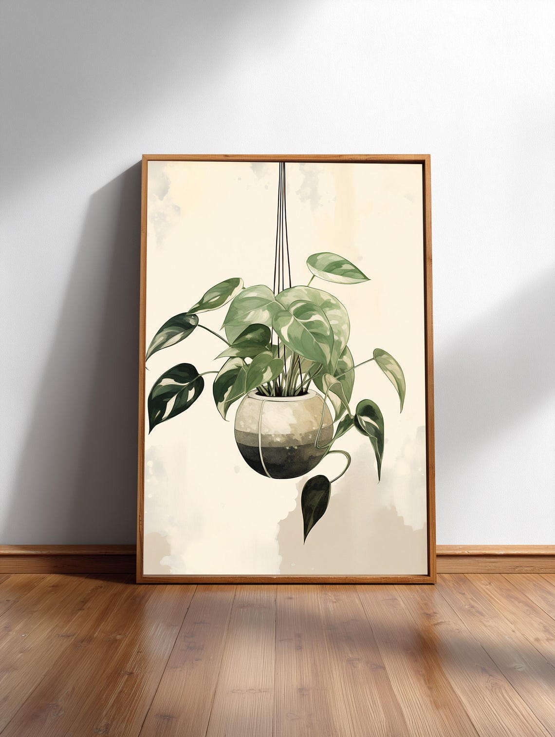 Hanging Pothos Plant Watercolor Indoor Jungle Beige Wall Art