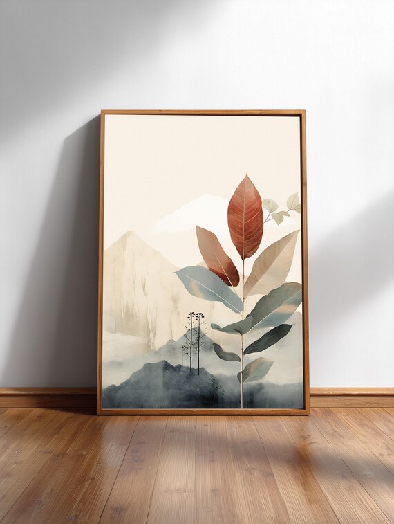 Japandi Misty Mountain Leaves Watercolor Neutral Botanical Art Print