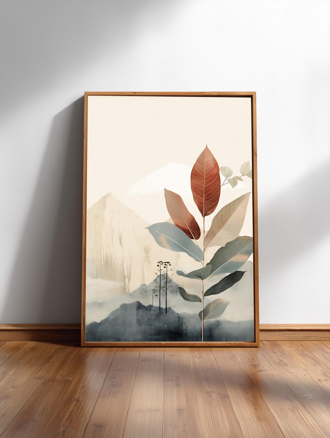 Japandi Misty Mountain Leaves Watercolor Neutral Botanical Art Print