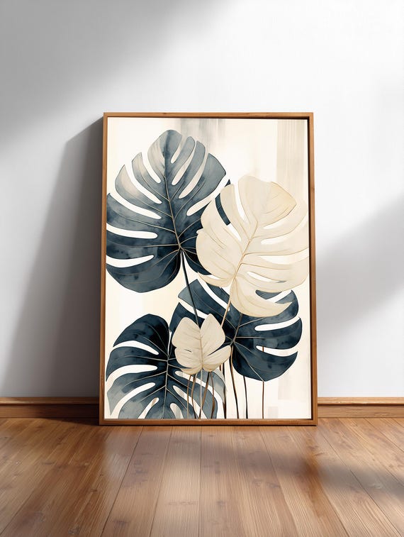 Variegated Monstera Japandi Print Indigo Leaf Minimal Botanical