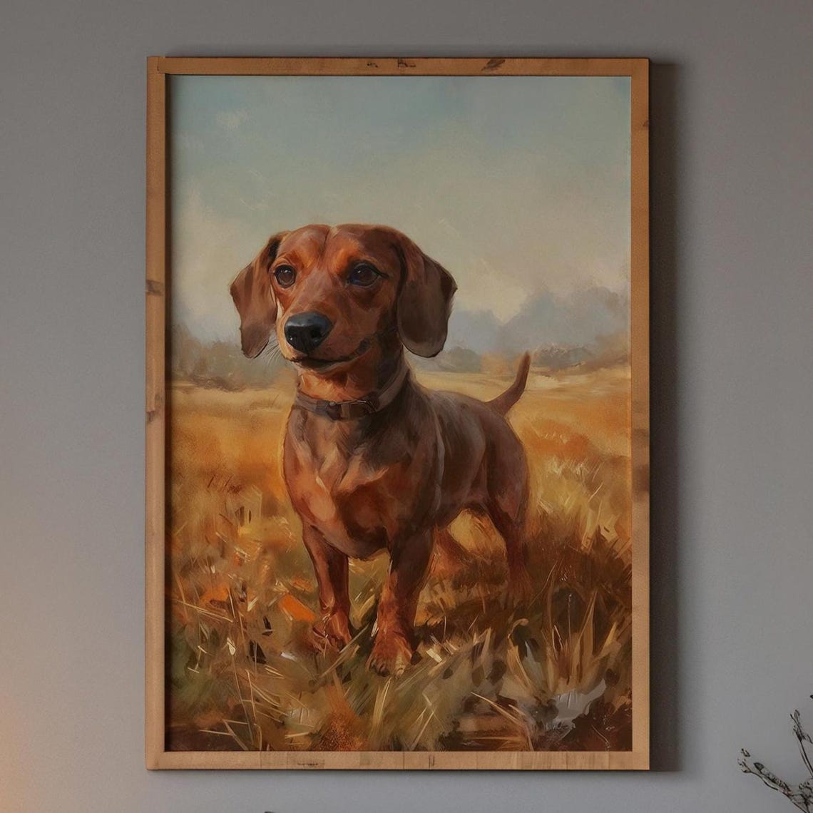 Dachshund Standing in Golden Field Rustic Dog Painting Poster