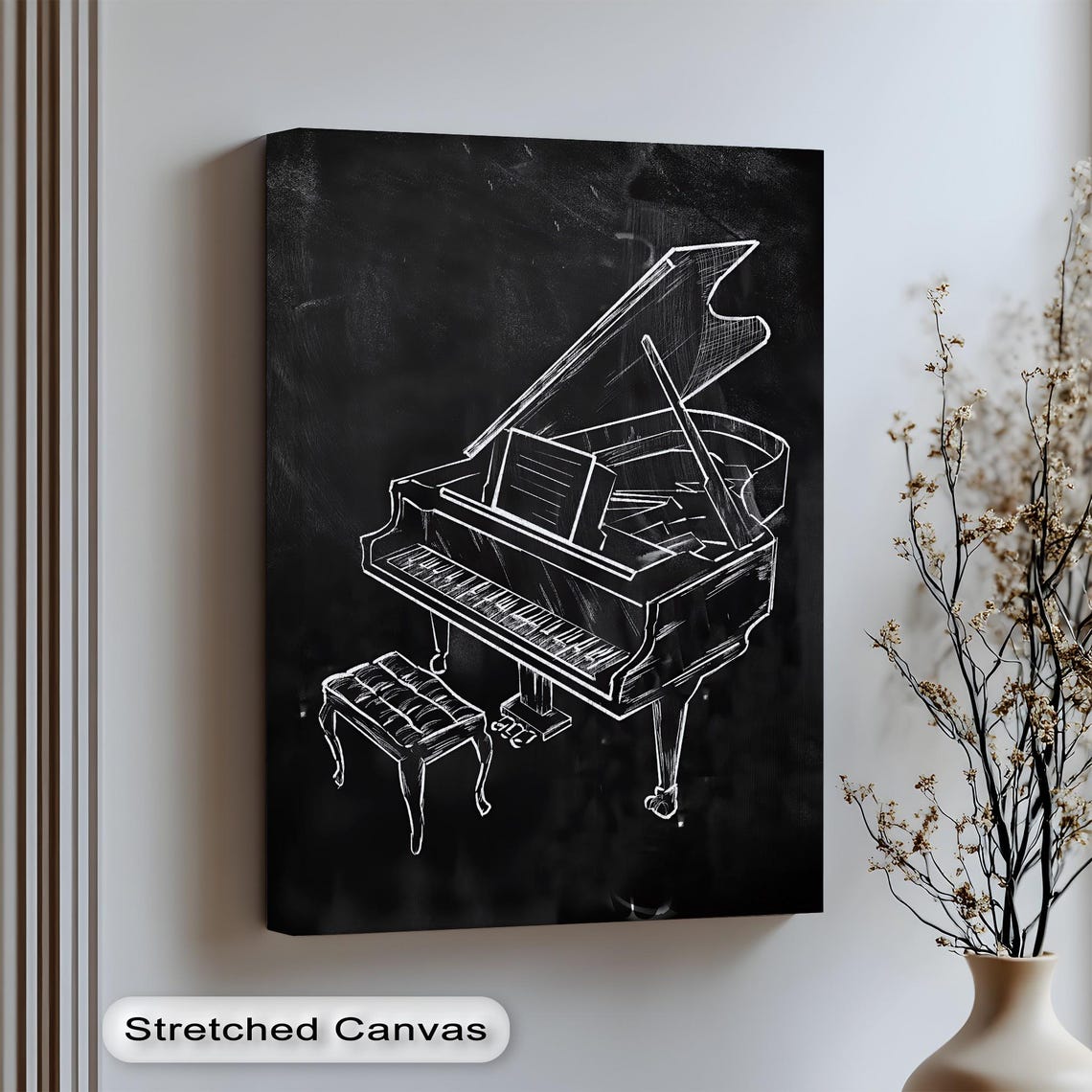 Grand Piano White Chalk Sketch Black Keys Music Room Elegant Poster
