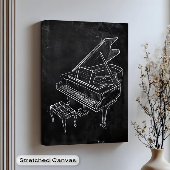 Grand Piano Canvas Art Chalk Sketch Silver Floating Frame