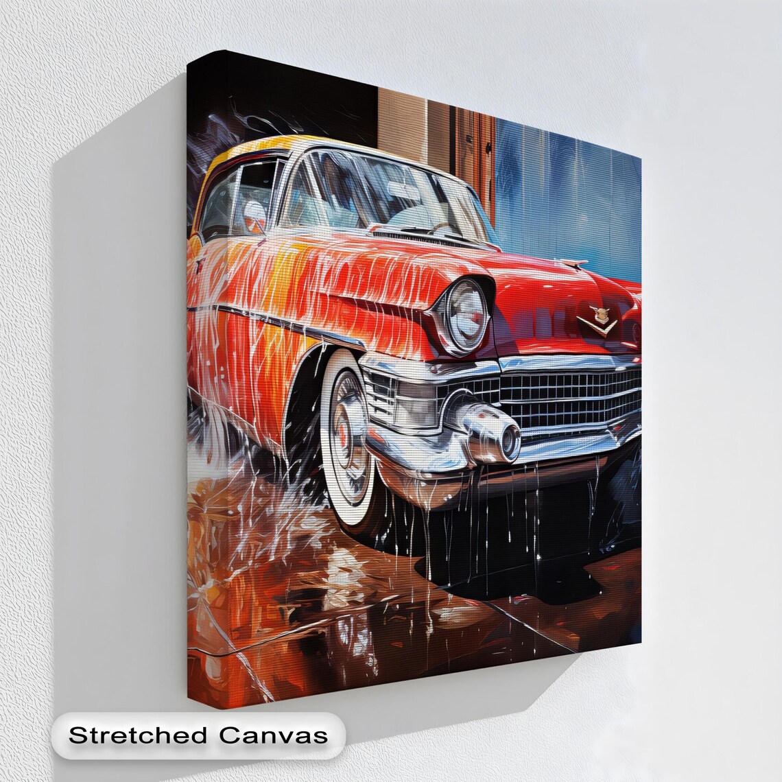 Glossy Red Classic Sedan Rain Street Vintage American Car Wall Print