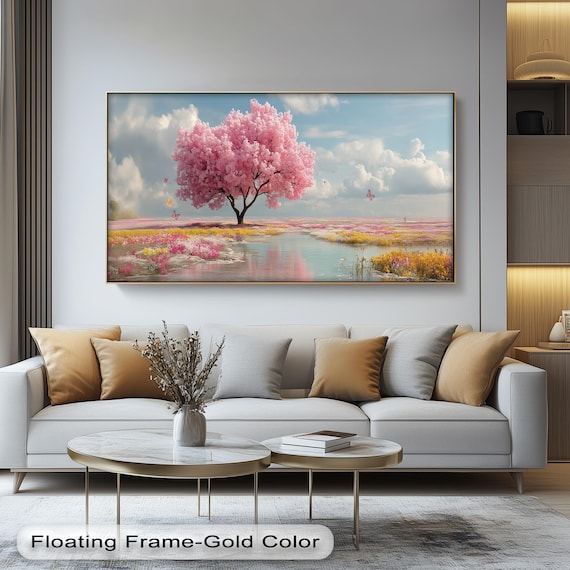 Pink Cherry Blossom Tree Poster Panoramic Spring Lake Landscape