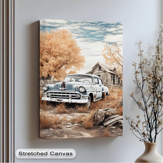 Vintage Car Autumn Farm Barn Rustic Fall Countryside Canvas Poster