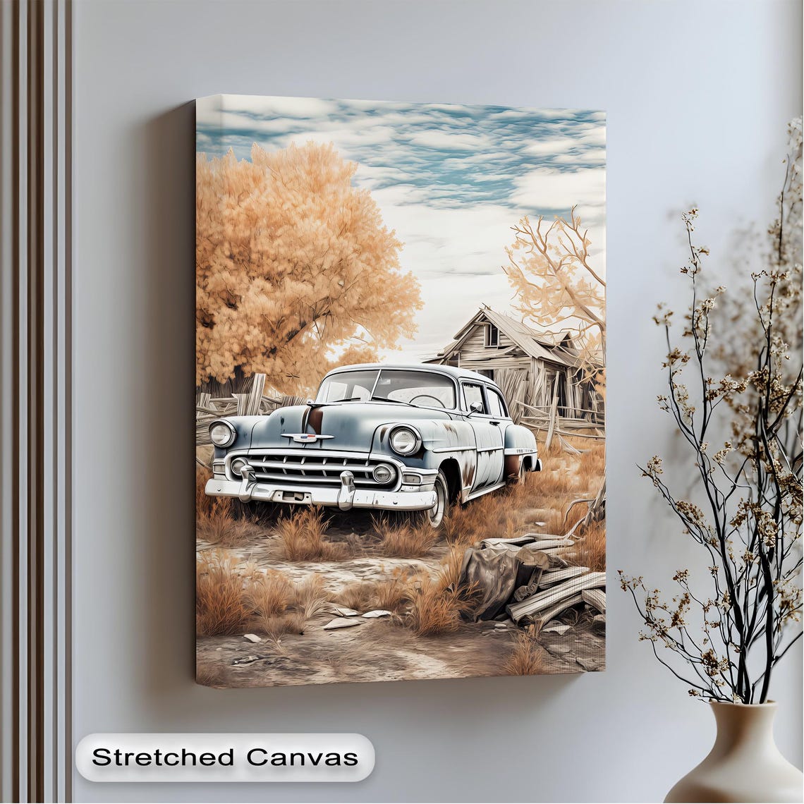 Vintage Car Autumn Farm Barn Rustic Fall Countryside Canvas Poster