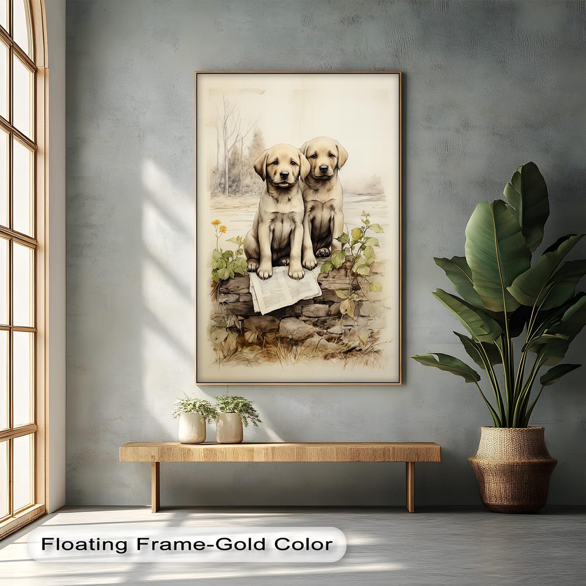 Twin Labrador Puppies Stone Wall Vintage Rustic Style Dog Poster