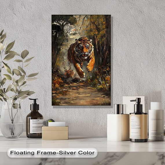 Charging Tiger Canvas Print Vertical Jungle Wall Art With Gold Frame