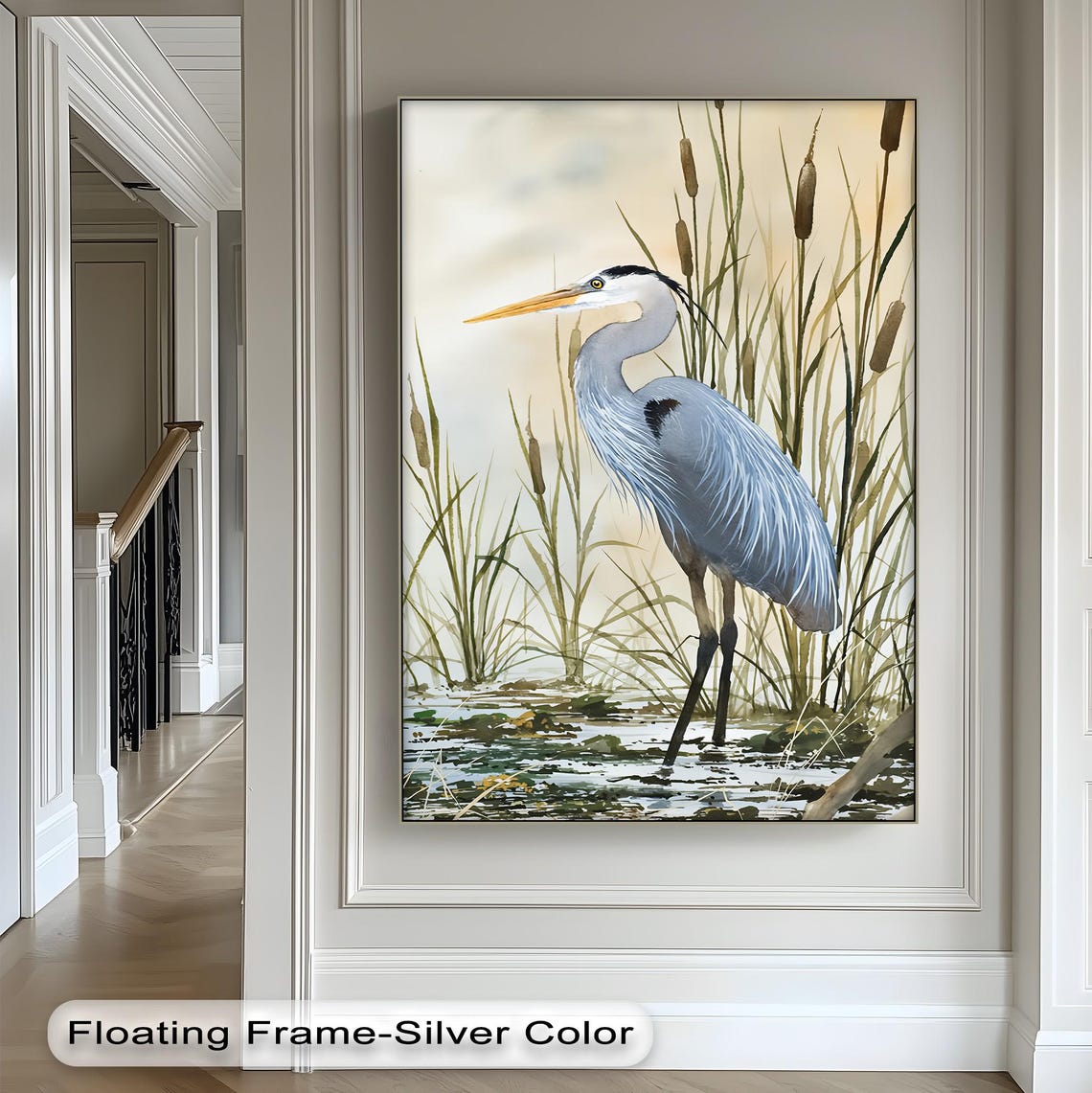 Elegant Blue Heron Among Cattails Coastal Watercolor Bird Poster