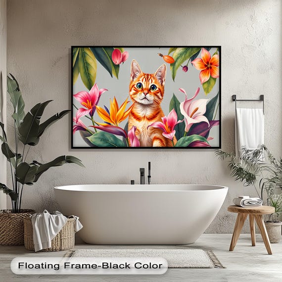 Orange Tabby Cat Floral Canvas Wall Art Tropical Botanical Print