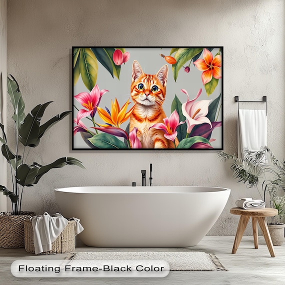 Orange Tabby Cat Tropical Botanical Colorful Floral Feline Poster