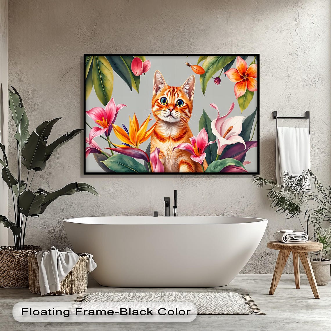 Orange Tabby Cat Floral Canvas Wall Art Tropical Botanical Print