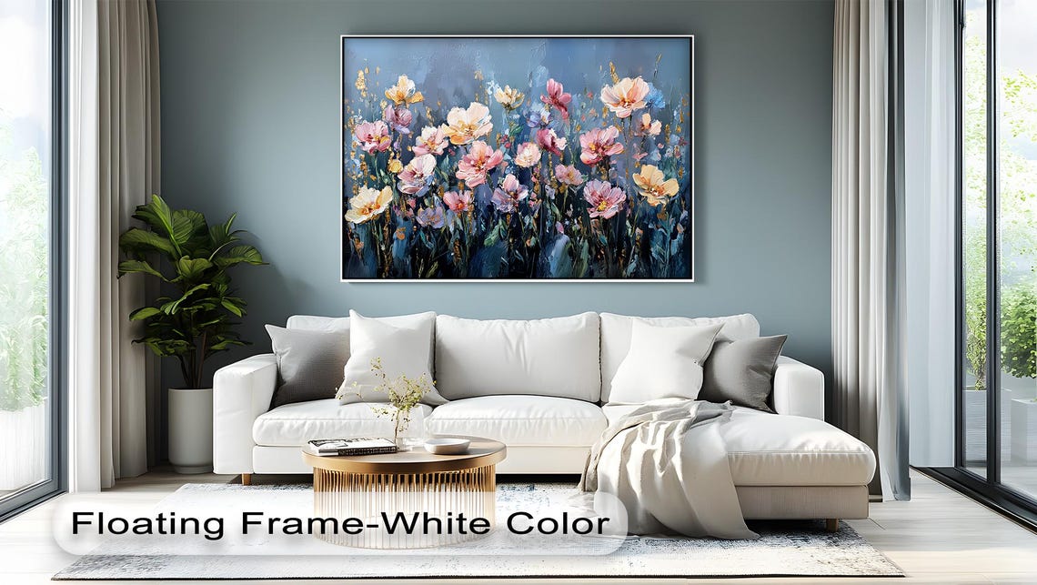 Pastel Floral Meadow Soft Blue Background Botanical Art Poster