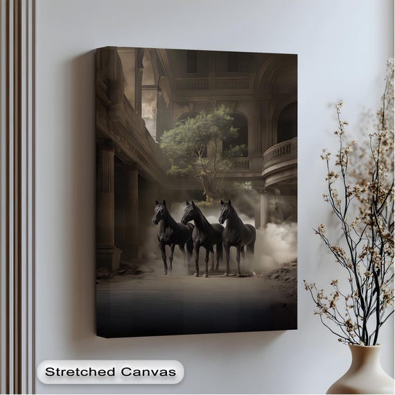 Mystic Black Horse Canvas Art Moody Equine Print With Ruins