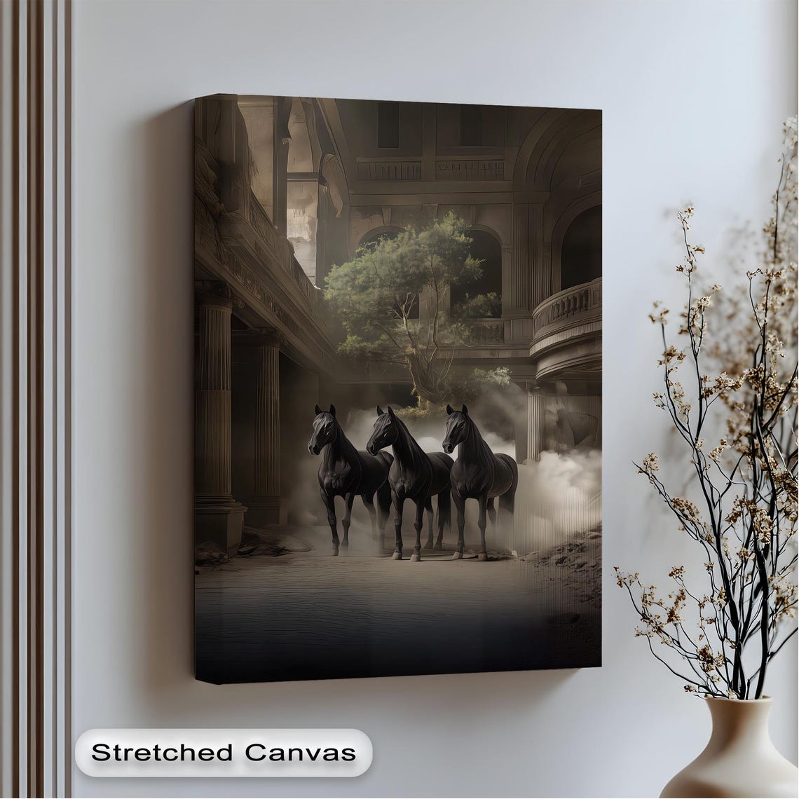 Three Black Horses In Misty Ancient Ruins Moody Equine Wall Art
