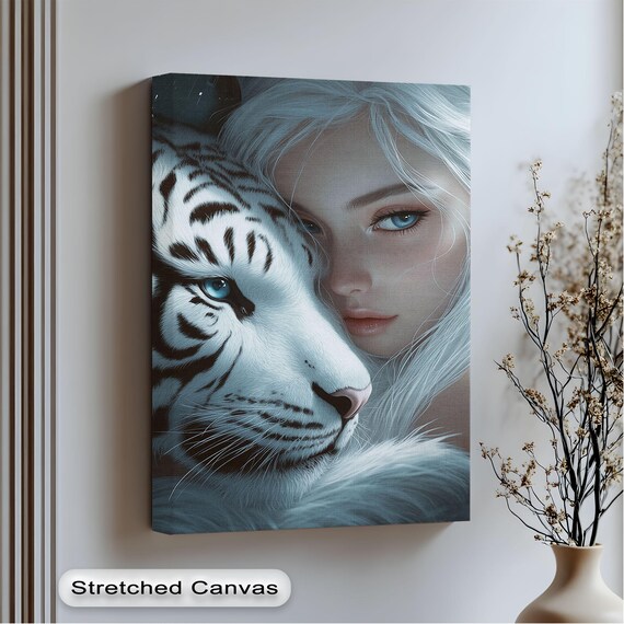White Tiger Embrace Wall Art Fantasy Woman And Canvas With Floating Frame Elegant Wildlife Artwork