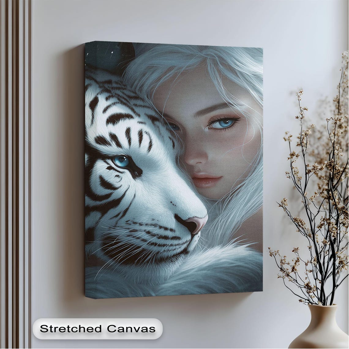 White Tiger Embrace Fantasy Woman Wildlife Canvas Style Poster