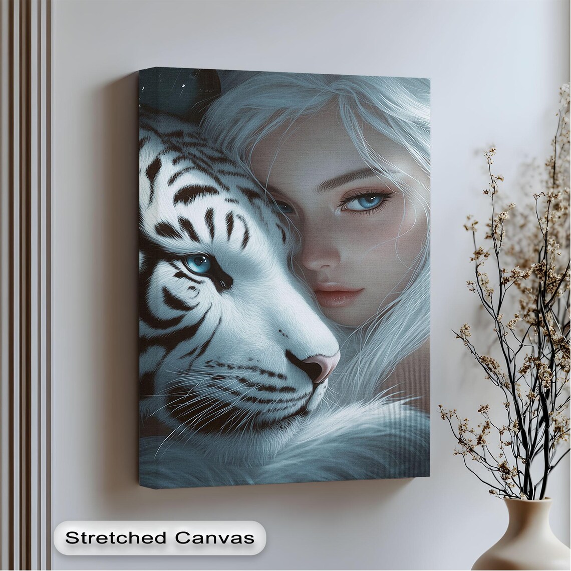 White Tiger Embrace Wall Art Fantasy Woman And Canvas With Floating Frame Elegant Wildlife Artwork