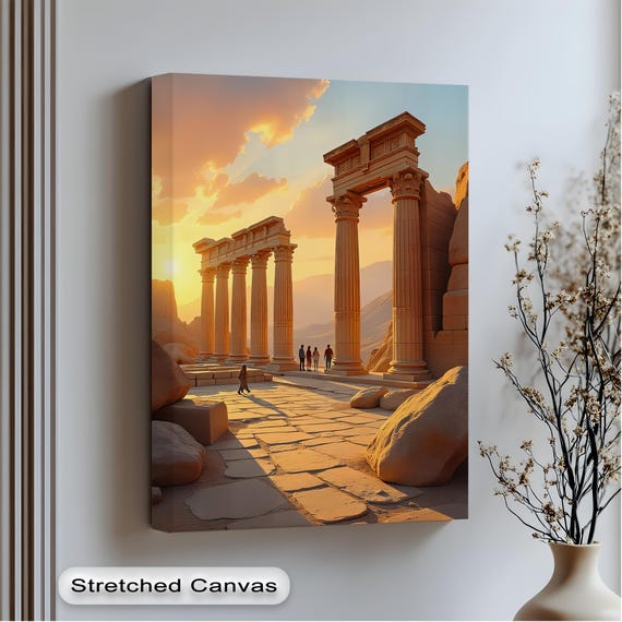 Temple Ruins Sunset Canvas Prints Silver Framed Art Golden Light Vertical Wall