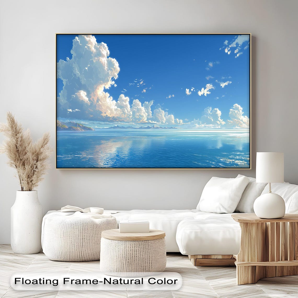 Blue Sky White Clouds Calm Ocean Horizon Bright Coastal Wall Art