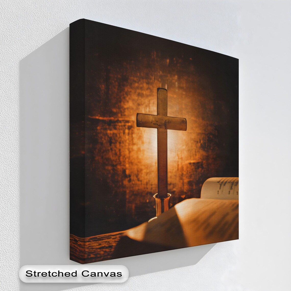 Wooden Cross On Open Bible Poster Warm Candlelight Glow Christian Faith Art