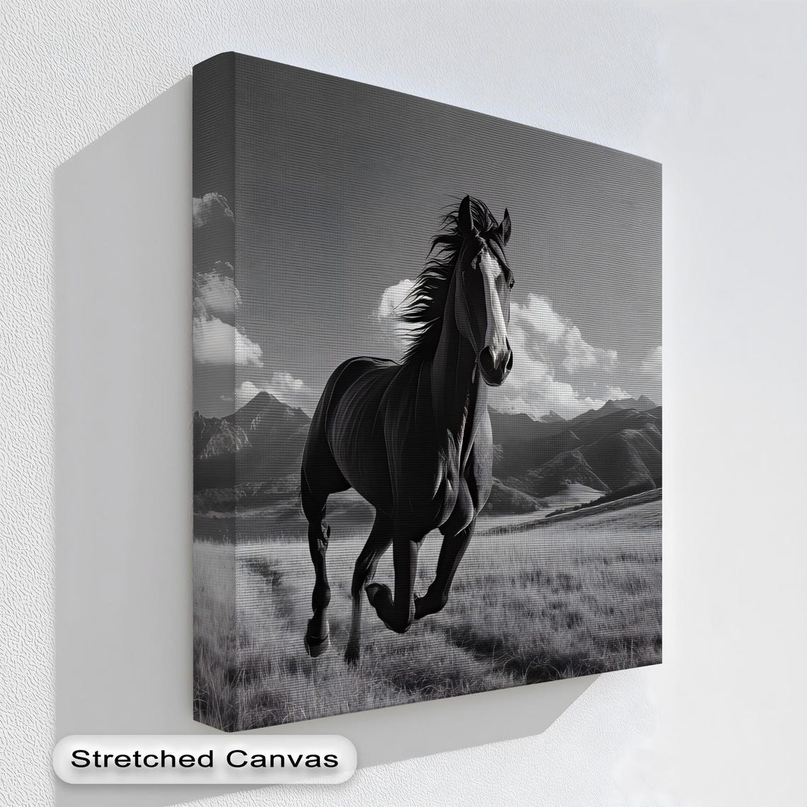 Wild Horse Running Black and White Mountain Equestrian Art Print