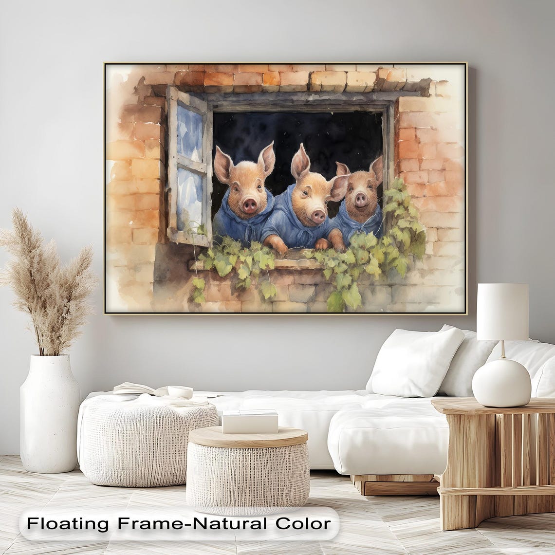 Three Piglets Blue Pajamas Rustic Window Watercolor Farm Art Poster