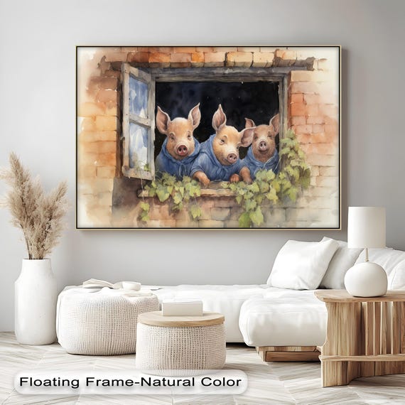 Three Little Pigs Canvas Art Farmhouse Piglets In Window Anthracite Frame