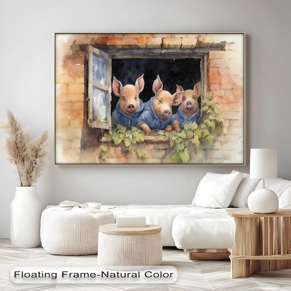 Three Piglets Blue Pajamas Rustic Window Watercolor Farm Art Poster