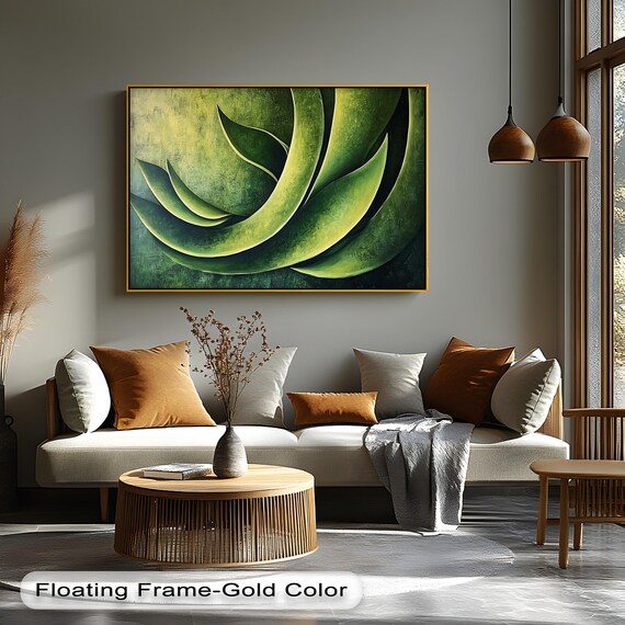Abstract Green Leaf Canvas Art Modern Botanical Print With Natural Frame