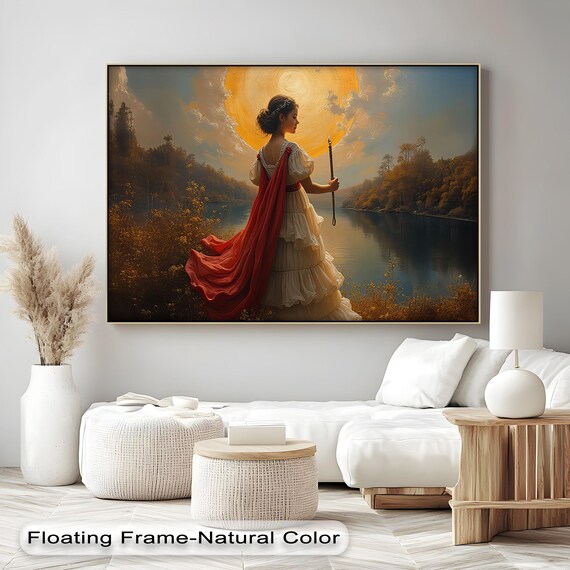 Sun Goddess Woman in Red Cape Lakeside Golden Hour Fantasy Art Print