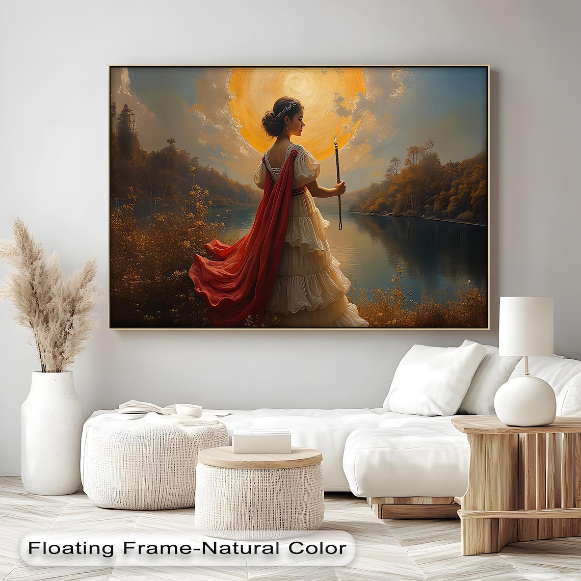 Sun Goddess Woman in Red Cape Lakeside Golden Hour Fantasy Art Print