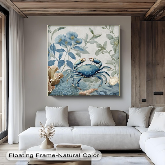 Blue Crab Botanical Canvas Art Coastal Seaside Home Decor Gold Frame