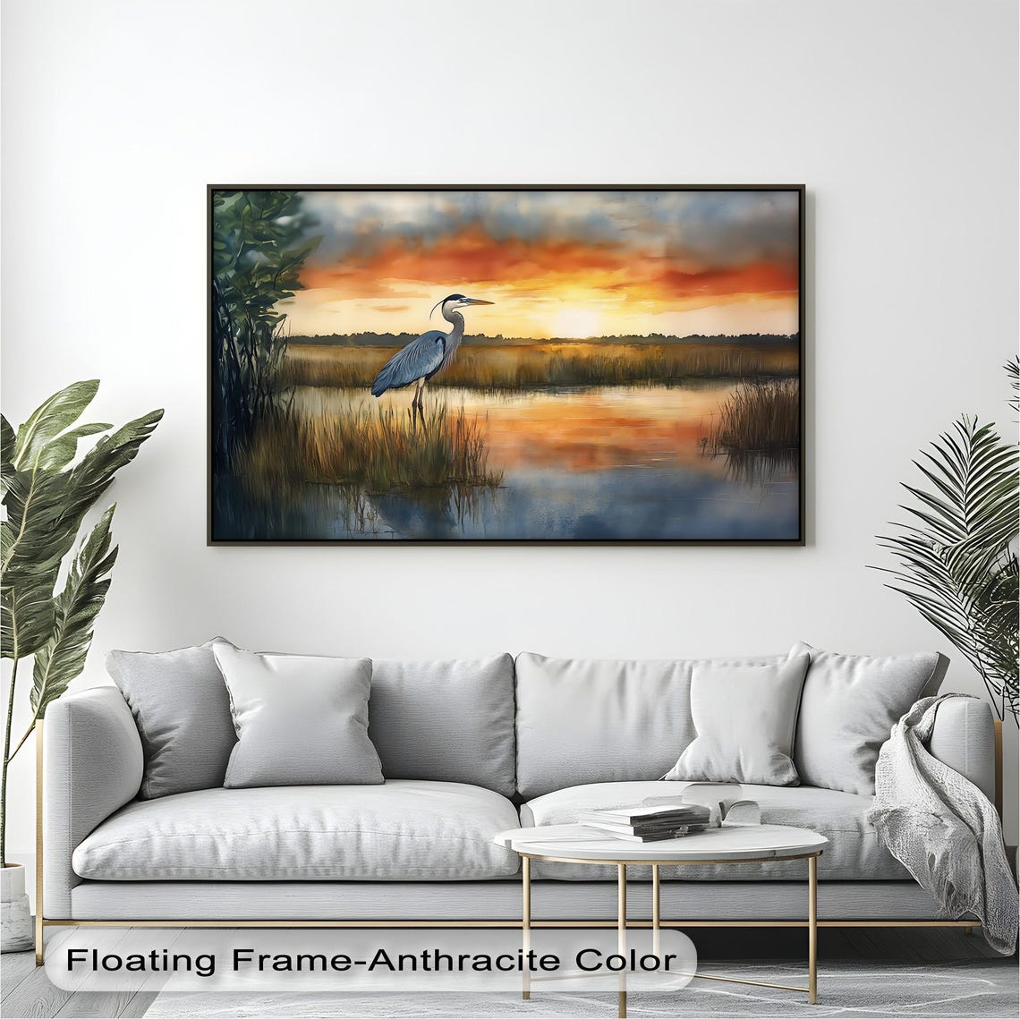 Tranquil Great Blue Heron Sunset Marsh Watercolor Wildlife Poster