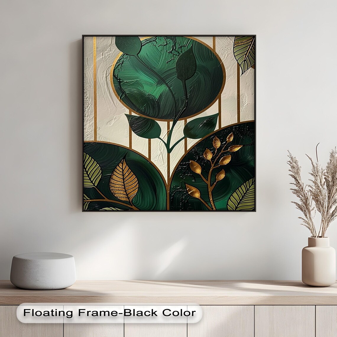 Green And Gold Botanical Canvas Art Modern Abstract Leaf With Black Frame