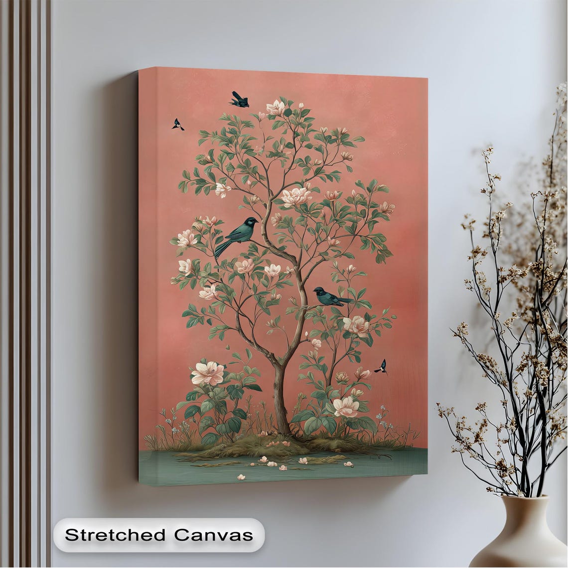 Cherry Blossom Tree Birds Coral Pink Vintage Asian Art Poster